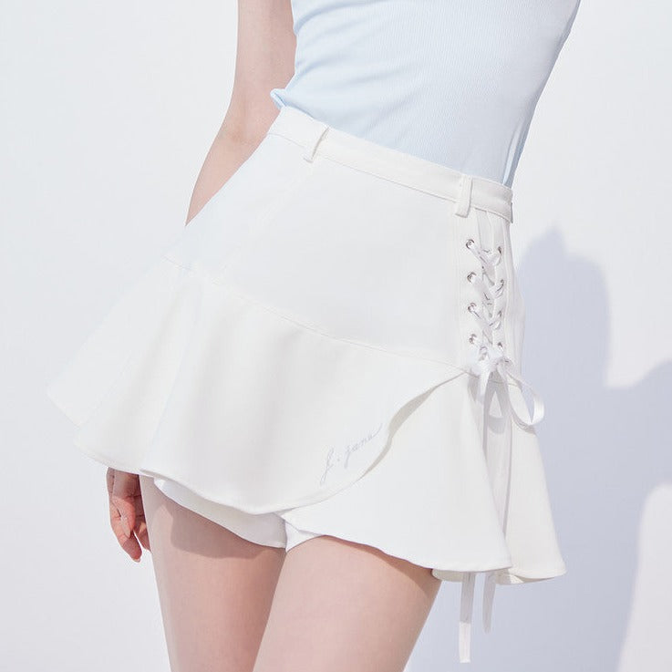 White Lace-up Flower Culotte Pants