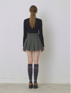 Navy, Mixed Check Pleats Skirt