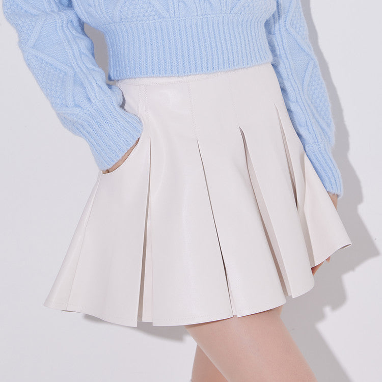 Ivory Wide Pleats Leather Skirt