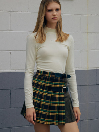 Brown, Mixed Check Pleats Skirt