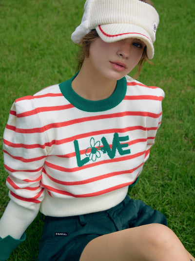 Green, Striped Knit With Puff Sleeve