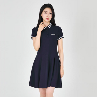 Navy Collared Short Sleeve Flare Dress