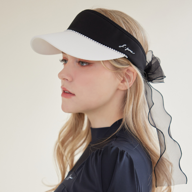 White & Black Pearl Line Ribbon Suncap