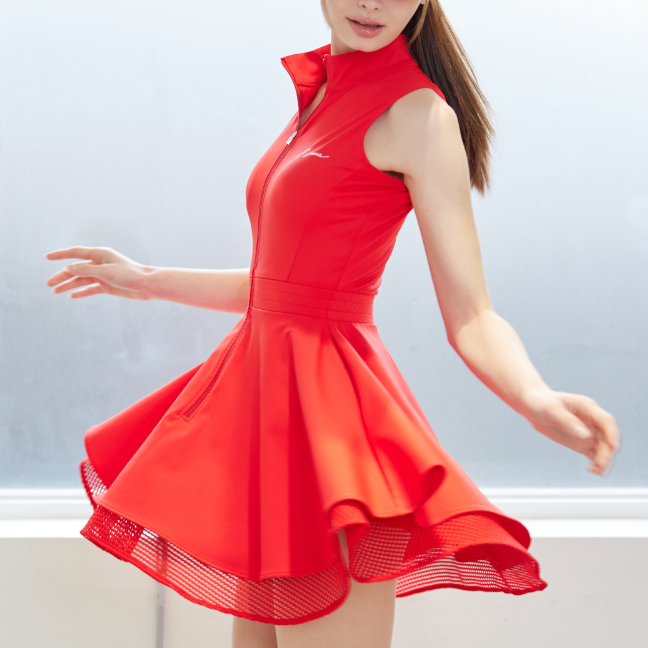 Red Zipper Double Flared Dress