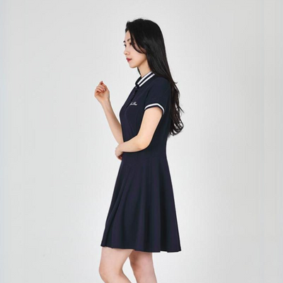 Navy Collared Short Sleeve Flare Dress