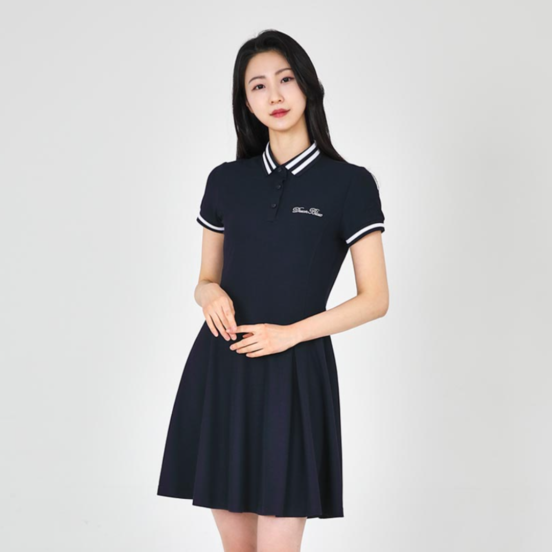 Navy Collared Short Sleeve Flare Dress