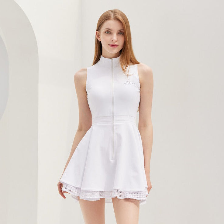 White Zipper Double Flared Dress