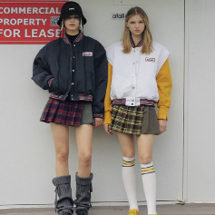 Navy, Mixed Check Pleats Skirt