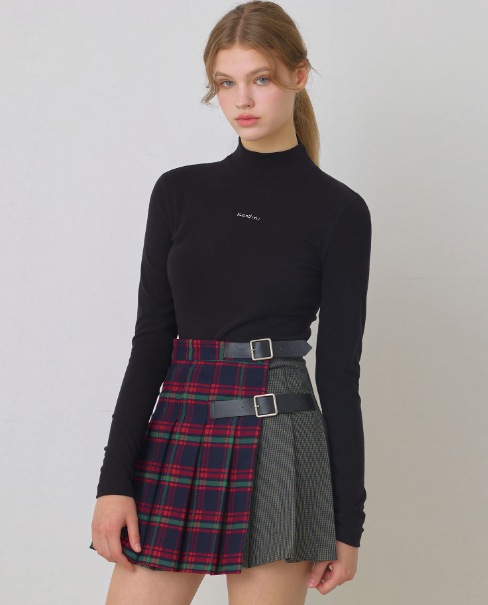 Navy, Mixed Check Pleats Skirt