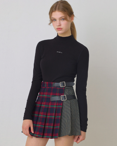 Navy, Mixed Check Pleats Skirt