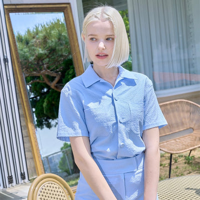 Denim Blue Seersucker Shirt+Skirt Set-up