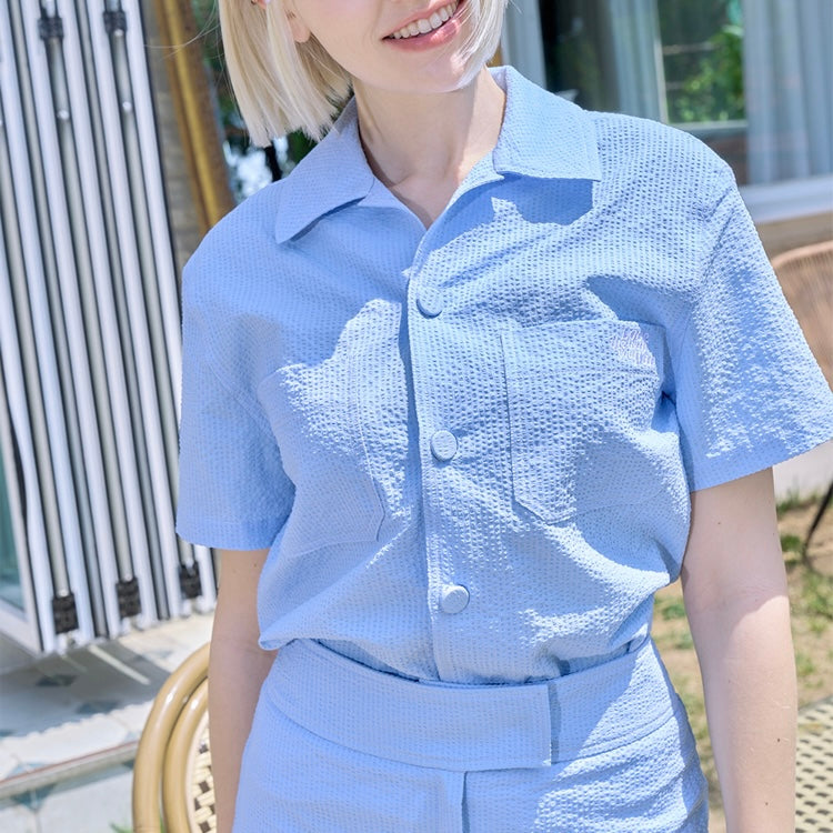 Denim Blue Seersucker Shirt+Skirt Set-up