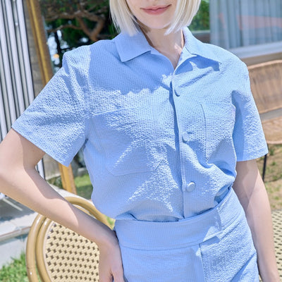 Denim Blue Seersucker Shirt+Skirt Set-up