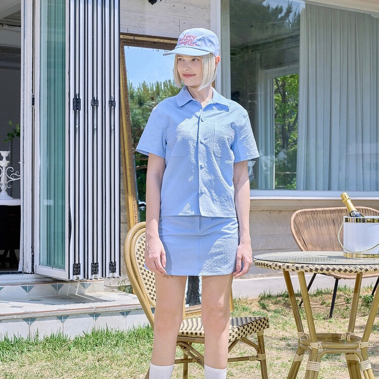 Denim Blue Seersucker Shirt+Skirt Set-up