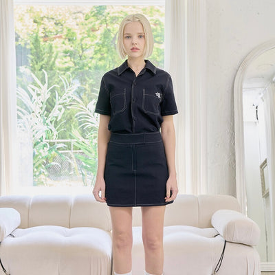 Navy Blue Seersucker Shirt+Skirt Set-up