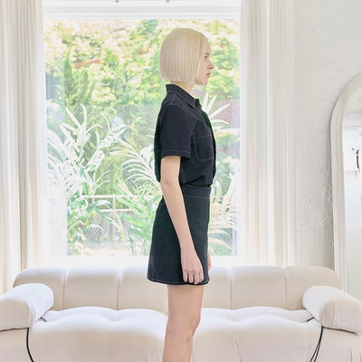 Navy Blue Seersucker Shirt+Skirt Set-up