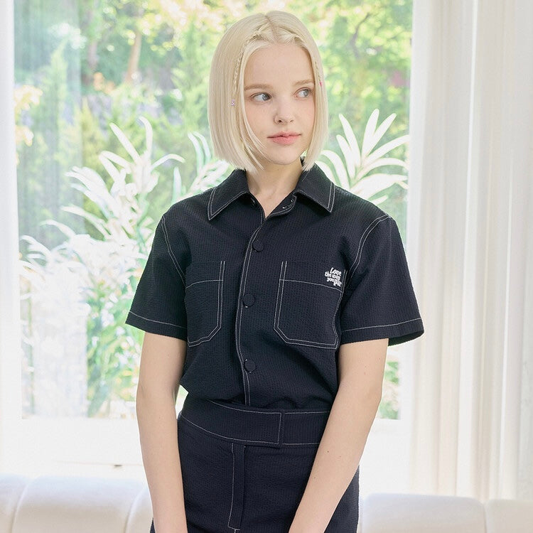 Navy Blue Seersucker Shirt+Skirt Set-up