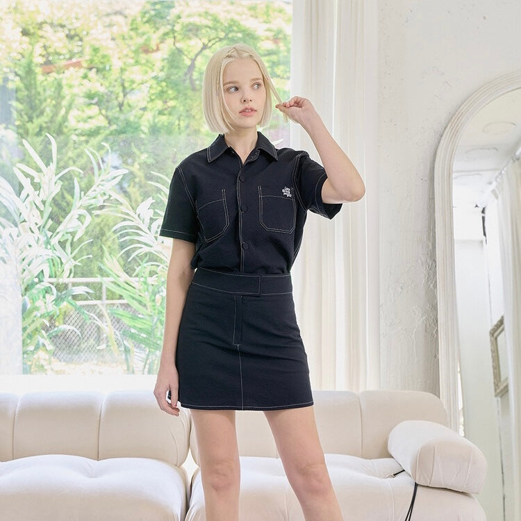 Navy Blue Seersucker Shirt+Skirt Set-up