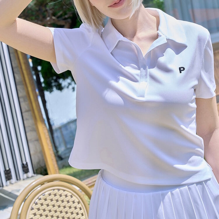 White Semi Cropped Pique Polo Shirt