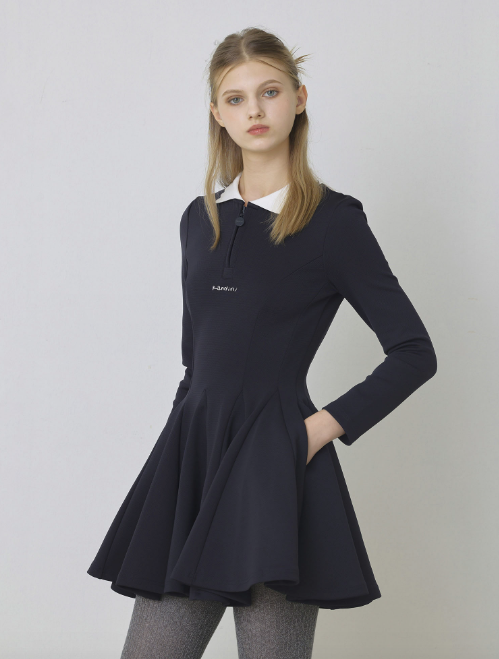 Navy, Zip-up Flared Dress