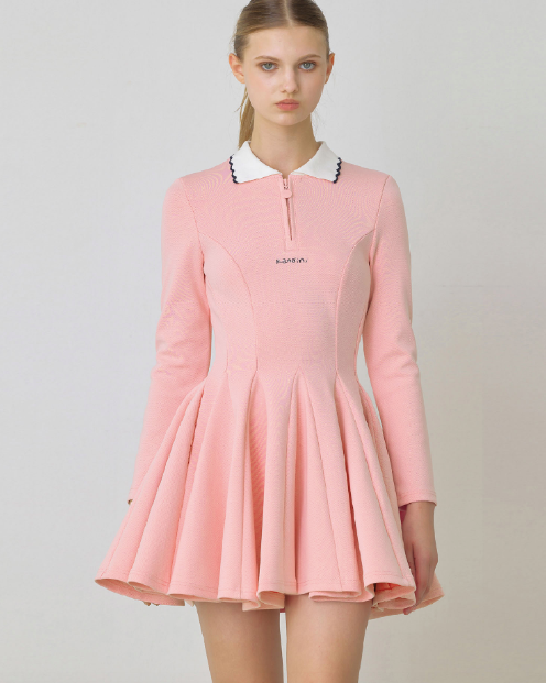 Pink, Zip-up Flared Dress