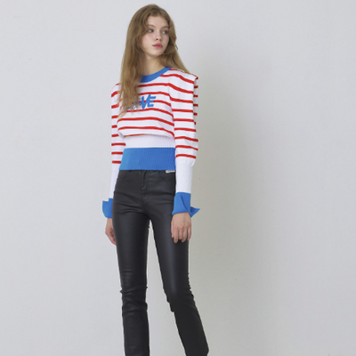 Blue, Striped Knit With Puff Sleeve