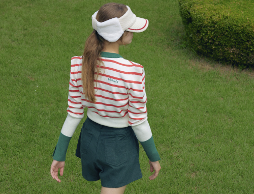 Green, Striped Knit With Puff Sleeve