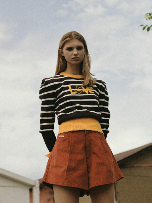 Brown, Striped Knit With Puff Sleeve