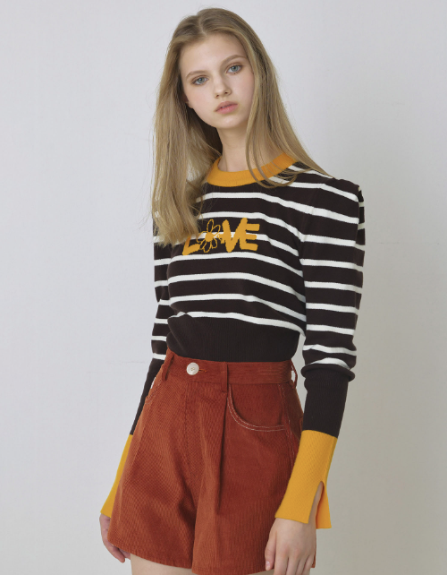 Brown, Striped Knit With Puff Sleeve