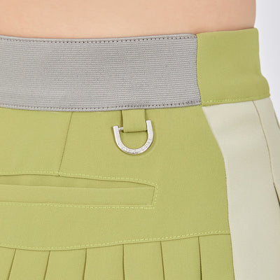 Olive Green Unbalancde Two-tone Pleats Skirt