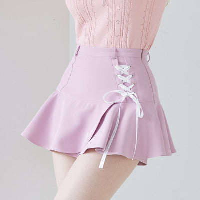 Pink Lace-up Flower Culotte Pants