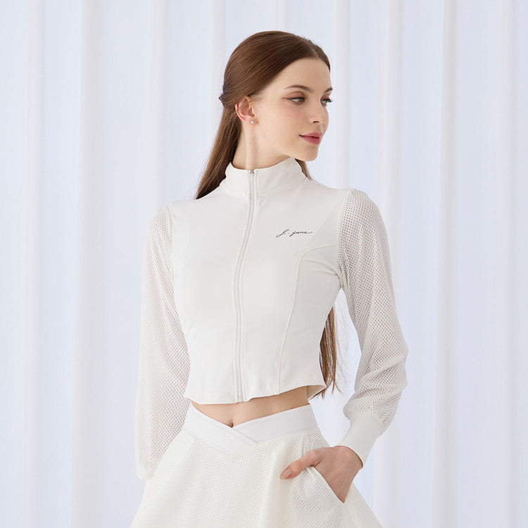 White Mesh Sleeve Cropped Jacket