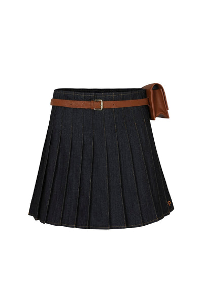 Black Denim Pleated Skirt + Belt Bag Set