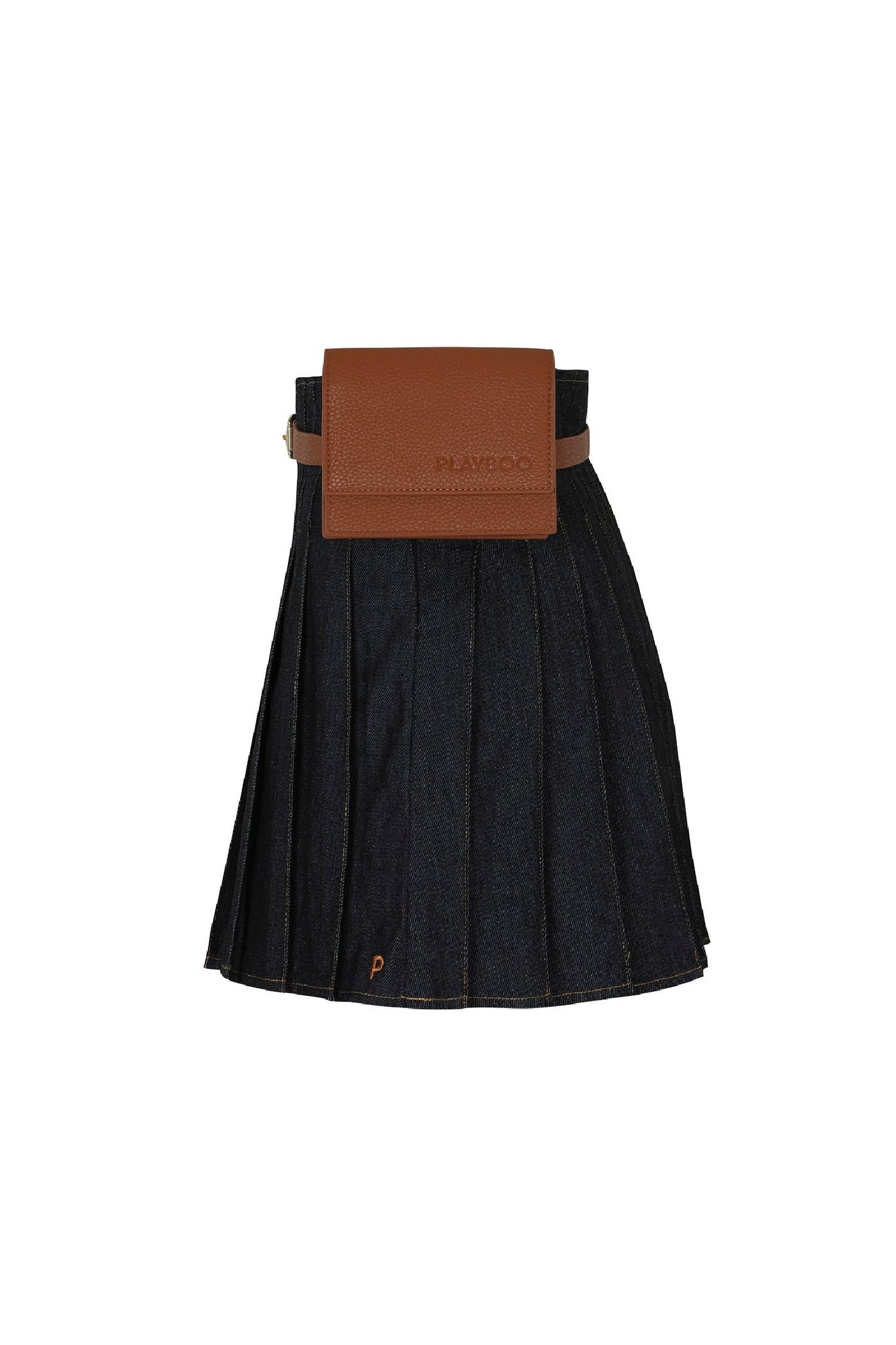 Black Denim Pleated Skirt + Belt Bag Set