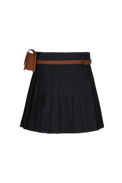 Black Denim Pleated Skirt + Belt Bag Set