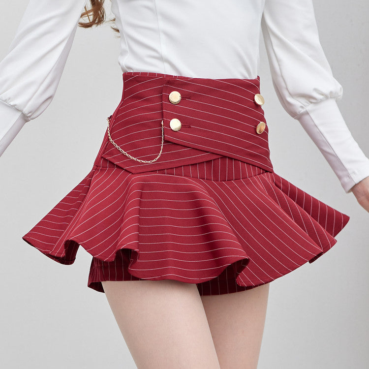 Wine Double Button Stripe Culotte Pants