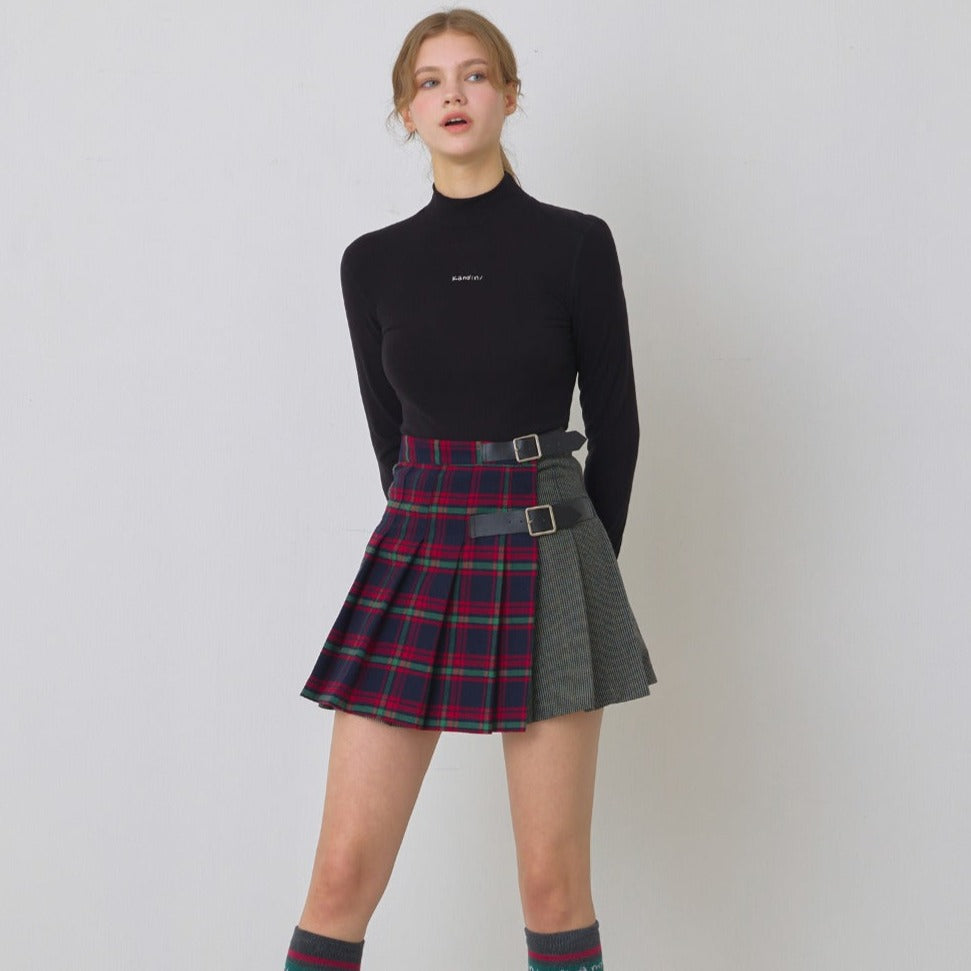 Navy, Mixed Check Pleats Skirt