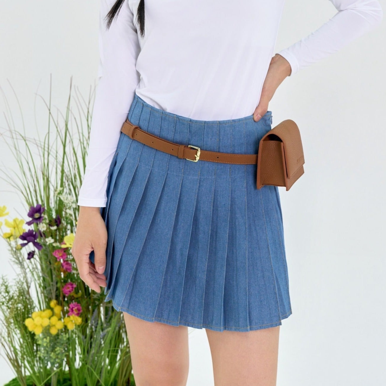 Light Blue Denim Pleated Skirt + Belt Bag Set