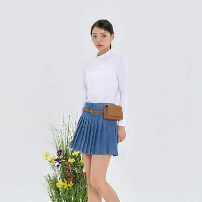 Light Blue Denim Pleated Skirt + Belt Bag Set