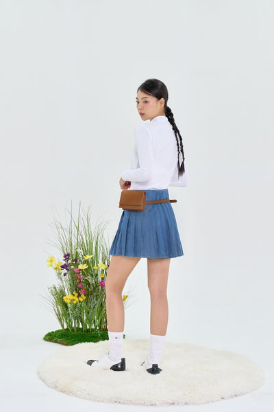 Light Blue Denim Pleated Skirt + Belt Bag Set