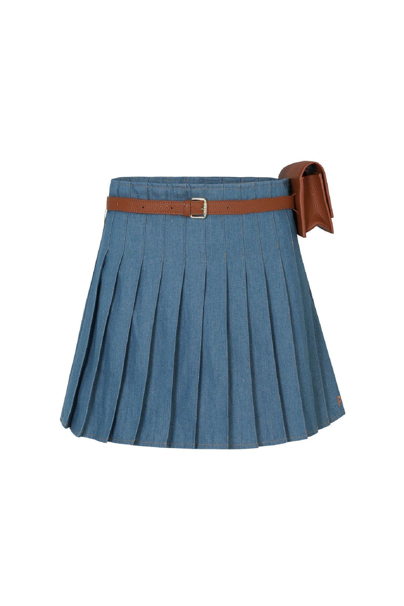 Light Blue Denim Pleated Skirt + Belt Bag Set