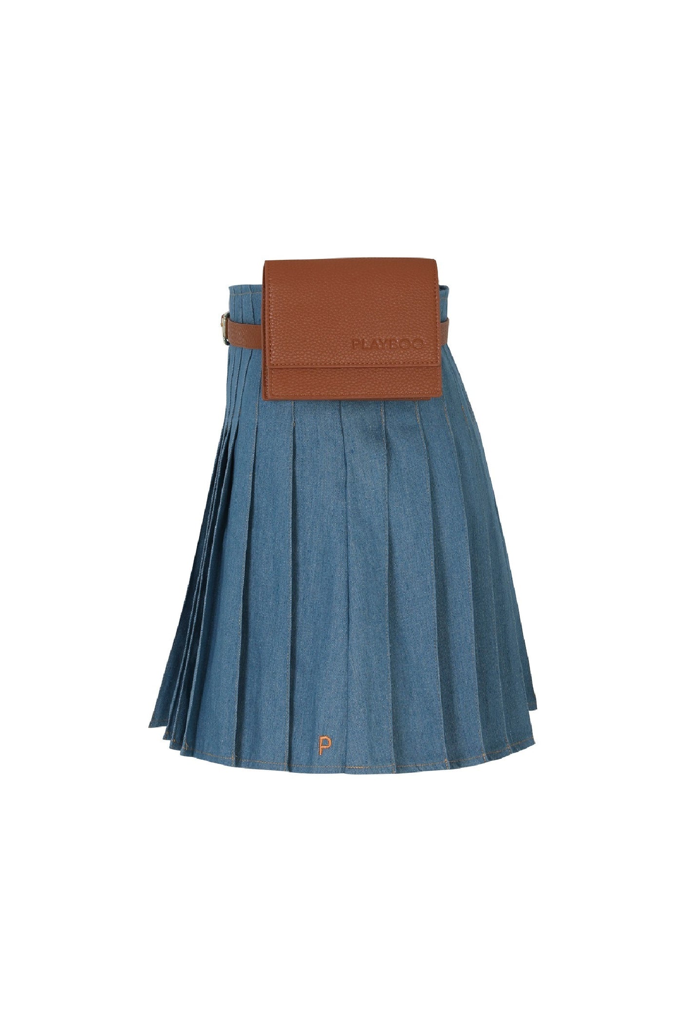 Light Blue Denim Pleated Skirt + Belt Bag Set