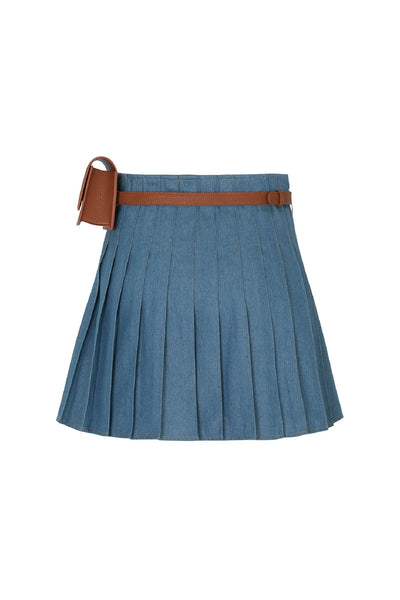 Light Blue Denim Pleated Skirt + Belt Bag Set