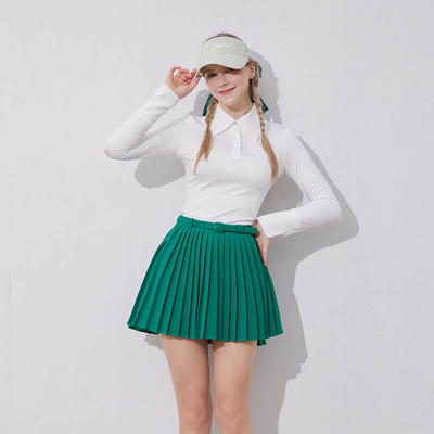 Green Unbalanced Belt Pleats Skirt