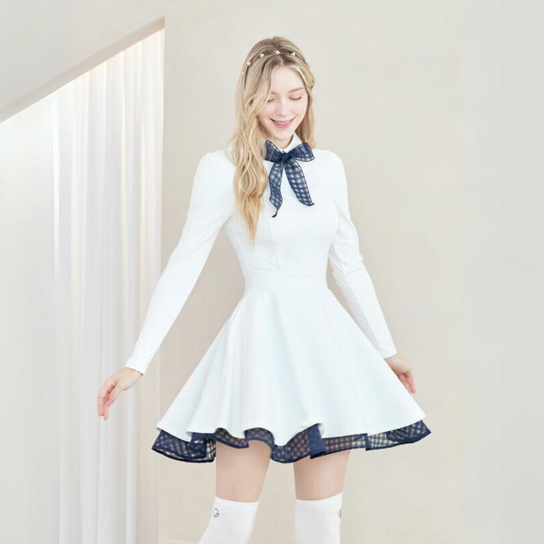contrast flare dress White Classic Color Contrast Ribbon Flared Dress – KOODSHOT