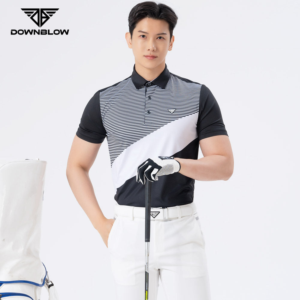 Men Golf Wear Stripe Color Match Collar Top Shirt