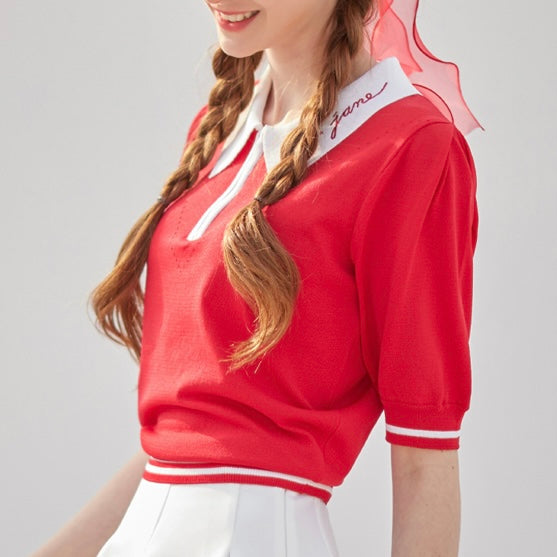 Red Puff Sleeve Half Zip-up Knit