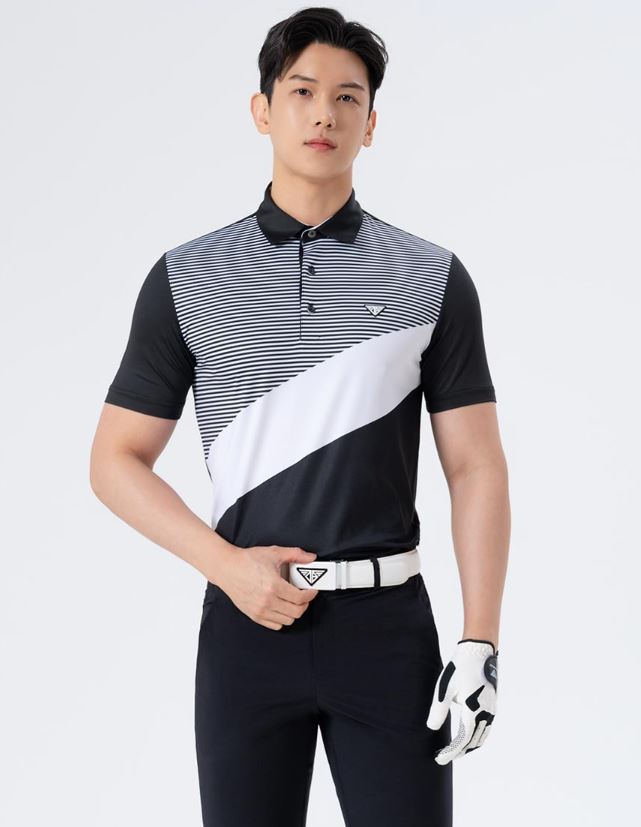 Men Golf Wear Stripe Color Match Collar Top Shirt