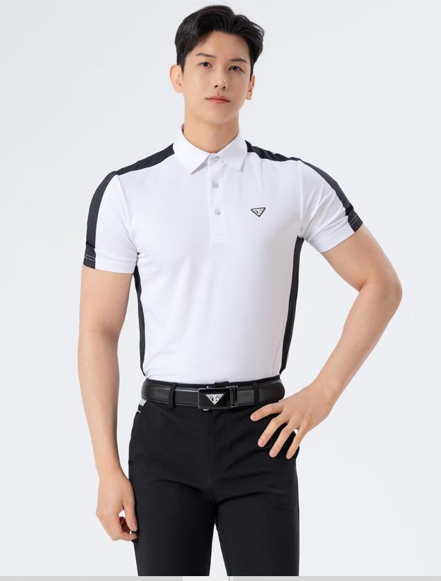 Men Golf Wear White Point Mesh Collar Top Shirt