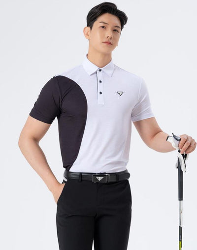 Men Golf Wear White Point Line Mesh Collar Top Shirt